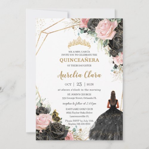 Black Pink Roses Floral Quinceaera Sweet Sixteen Invitation