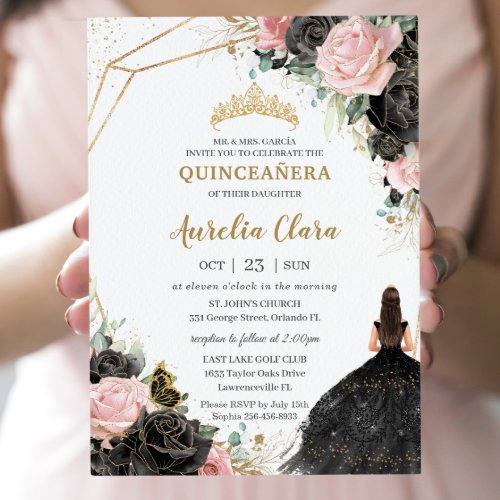 Black Pink Roses Floral Quinceaera Sweet Sixteen Invitation