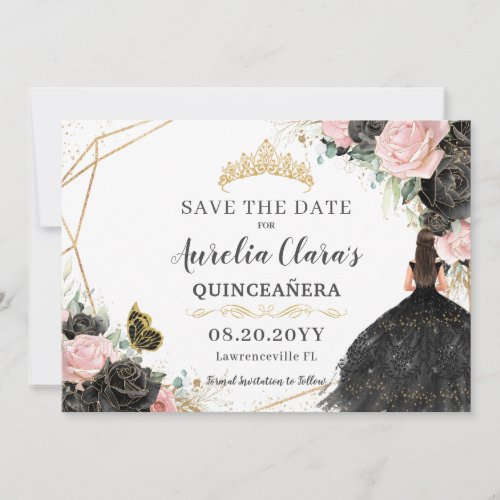 Black Pink Roses Floral Quinceanera Sweet Sixteen  Save The Date