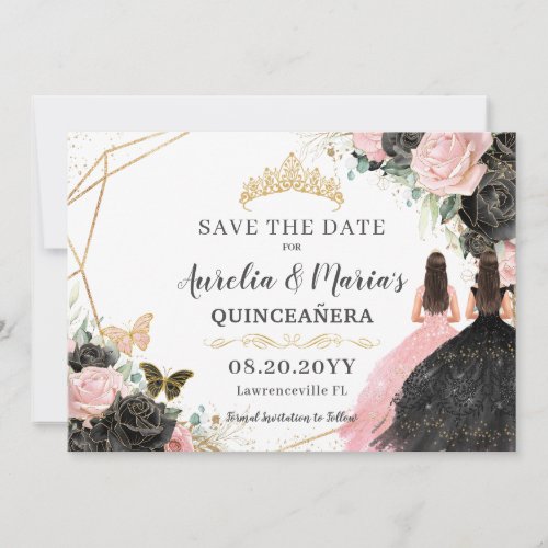Black Pink Roses Floral Twins Quinceanera Sweet 16 Save The Date