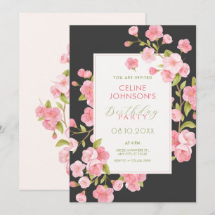 Black Pink sakura blossom flower bloom birthday Invitation