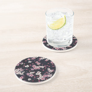 Black Pink Sakura Flowers, Pattern Design, Coaster