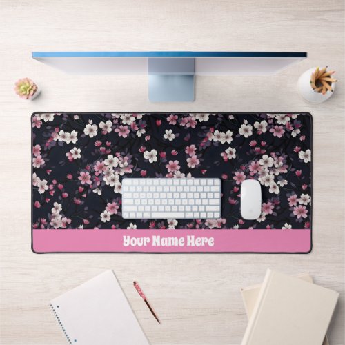 Black Pink Sakura Flowers Pattern Design Desk Mat