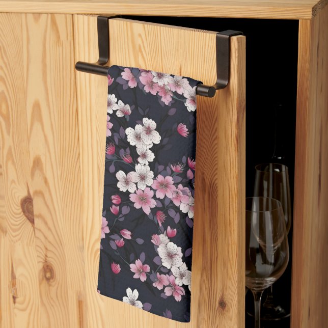 Black Pink Sakura Flowers, Pattern Design,  Kitchen Towel (Thirds Fold)