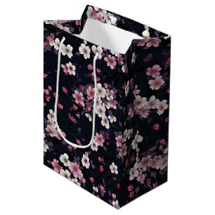 Black Pink Sakura Flowers, Pattern Design, Medium Gift Bag