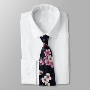 Black Pink Sakura Flowers, Pattern Design, Neck Tie