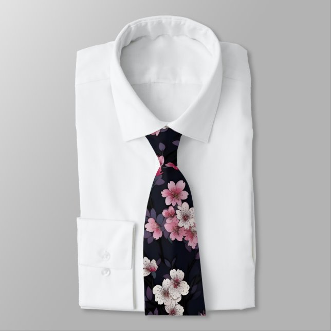 Black Pink Sakura Flowers, Pattern Design,  Neck Tie (Tied)