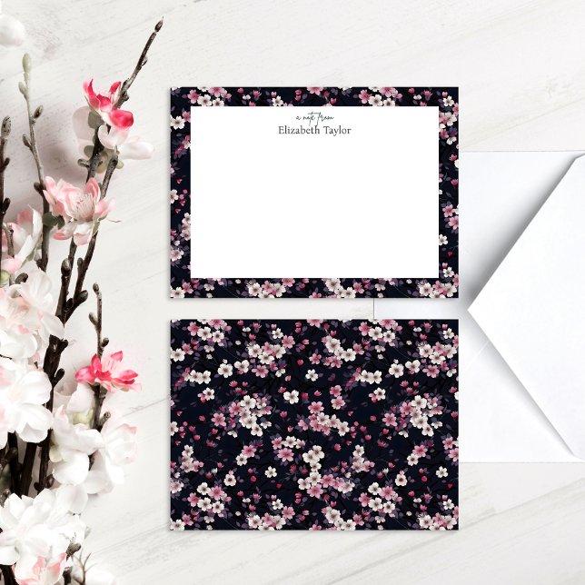 Black Pink Sakura Flowers, Pattern Design Note Card (Creator Uploaded)