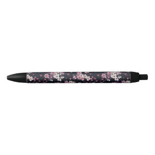 Black Pink Sakura Flowers, Pattern Design, Pen