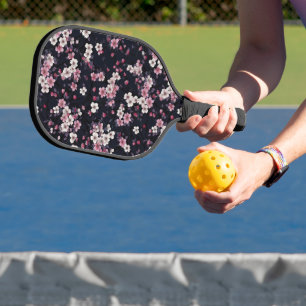 Black Pink Sakura Flowers, Pattern Design, Pickleball Paddle