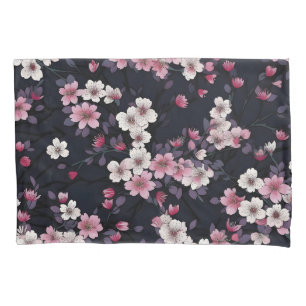 Black Pink Sakura Flowers, Pattern Design,  Pillow Case
