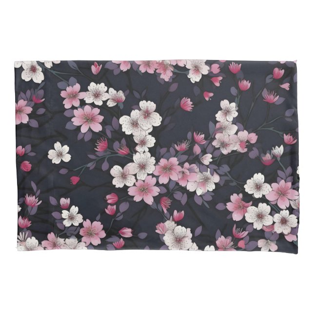 Black Pink Sakura Flowers, Pattern Design,  Pillow Case (Front)