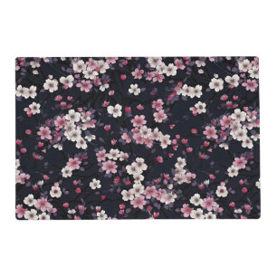 Black Pink Sakura Flowers, Pattern Design,  Placemat