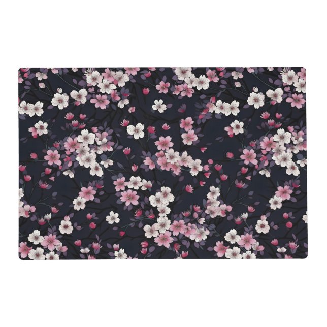 Black Pink Sakura Flowers, Pattern Design,  Placemat (Front)