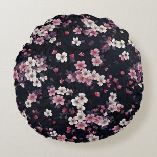 Black Pink Sakura Flowers, Pattern Design, Round Pillow