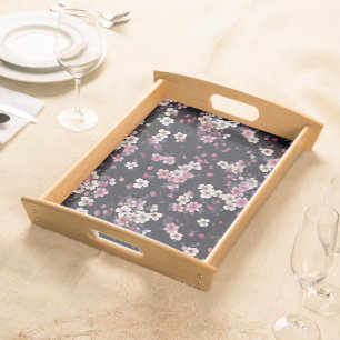 Black Pink Sakura Flowers, Pattern Design, Serving Tray