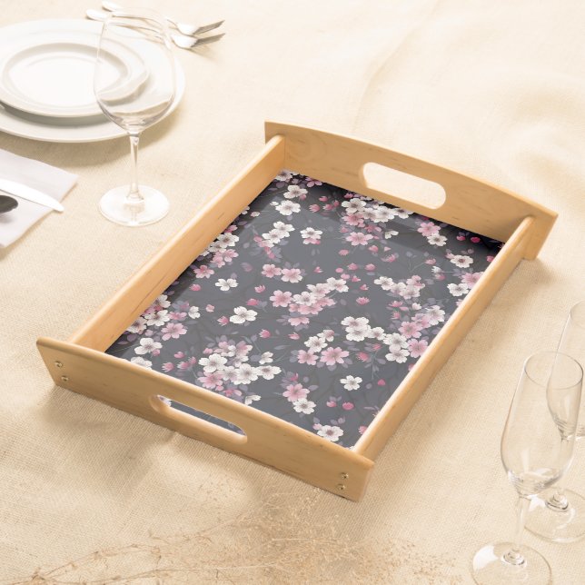 Black Pink Sakura Flowers, Pattern Design,  Serving Tray (Front)