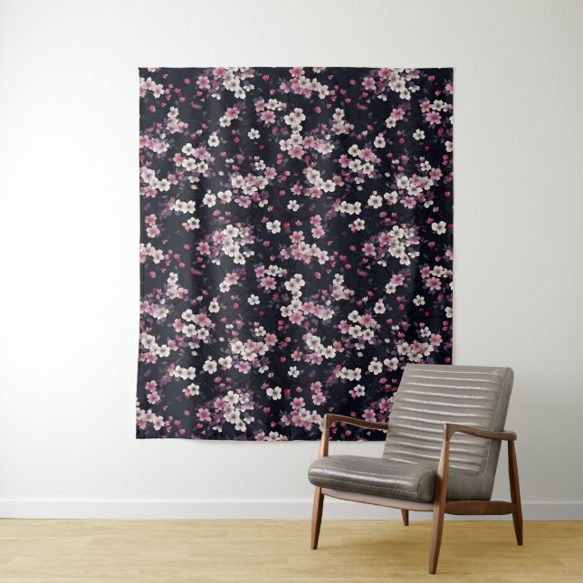 Black Pink Sakura Flowers, Pattern Design,  Tapestry (In Situ)
