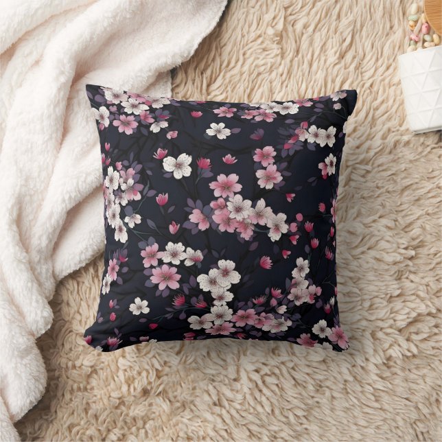 Black Pink Sakura Flowers, Pattern Design,  Throw Pillow (Blanket)