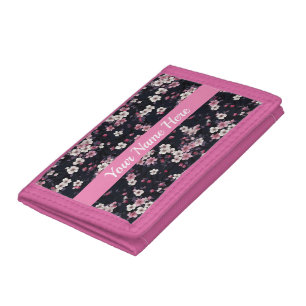 Black Pink Sakura Flowers, Pattern Design, Trifold Wallet