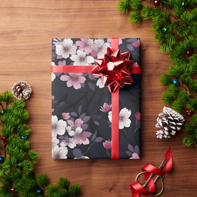 Black Pink Sakura Flowers, Pattern Design,  Wrapping Paper (Holiday Gift)