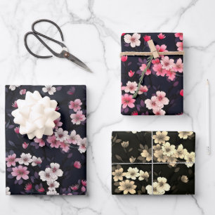 Black Pink Sakura Flowers, Pattern Design, Wrapping Paper Sheets