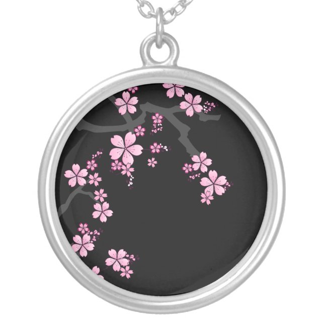 Black Pink Sakura japanese design :: Silver Plated Necklace (Front)