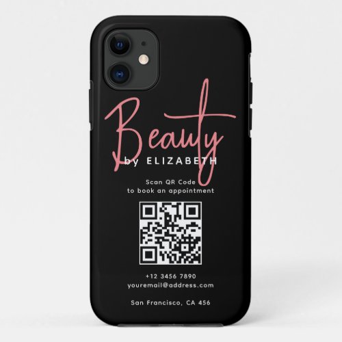 Black Pink Script Beauty Professional QR Code  iPhone 11 Case