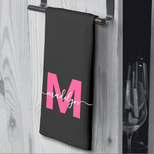Black Pink Script Name Monogram Kitchen Towel