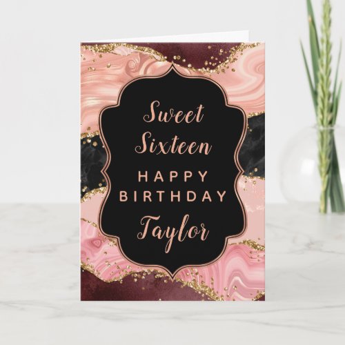 Black Pink Sequins Agate Sweet 16 Happy Birthday Card