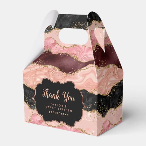 Black Pink Sequins Agate Sweet Sixteen Thank You Favor Boxes