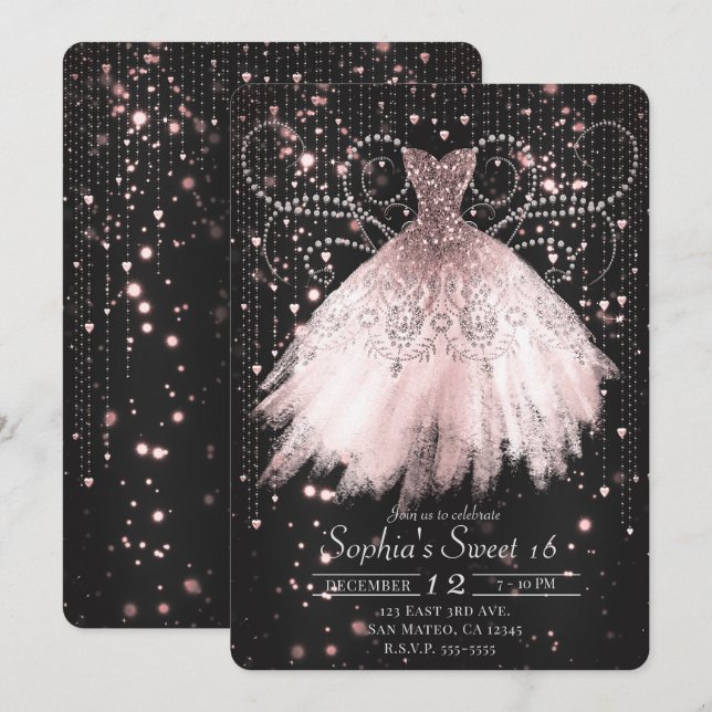 Black Pink Silver Glitter Dress Sweet 16 Party Invitation (Front/Back)