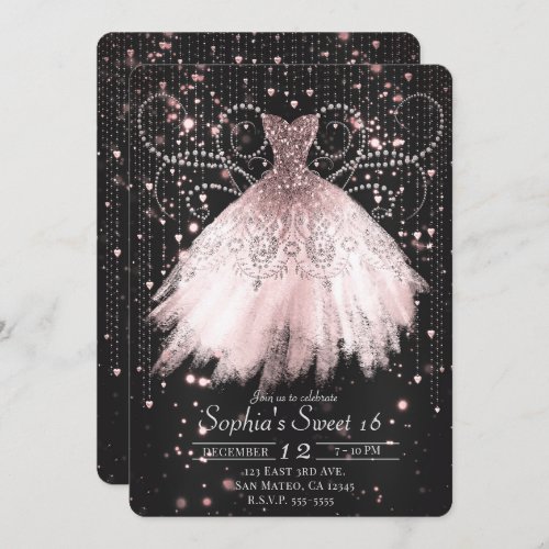Black Pink Silver Glitter Dress Sweet 16 Party Invitation
