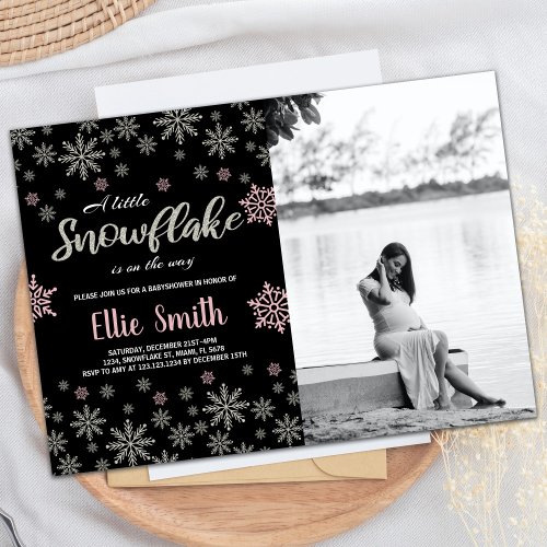 Black Pink Silver Winter Baby Shower Photo Invitation