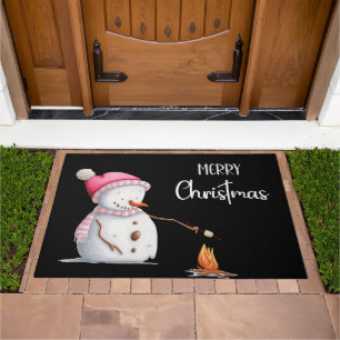 Black Pink Snowman Marshmallows Merry Christmas Doormat