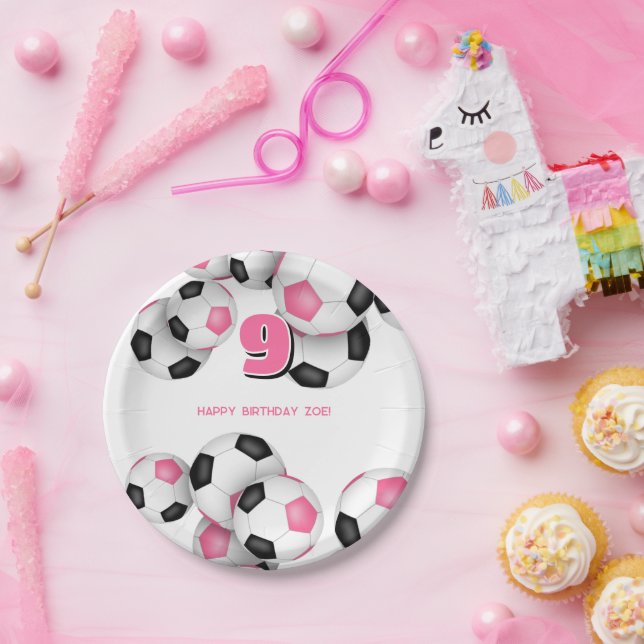 black pink soccer balls girls birthday party paper plates (Party)