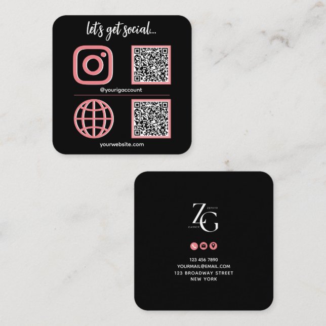 Black | Pink Social Media Sign With QR Code Cute Square Business Card (Front/Back)