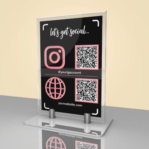 Black  Pink Social Media Sign With QR Code Table Number