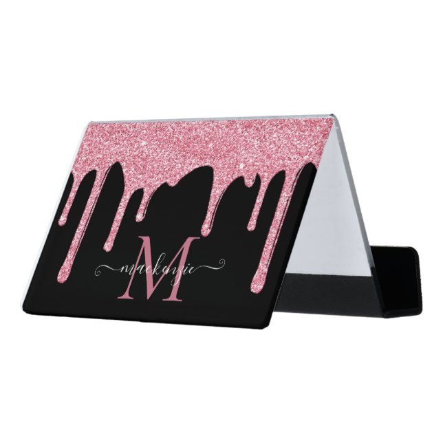 Black Pink Sparkle Glitter Drip Luxury Monogram Desk Business Card Holder (Angled Back)