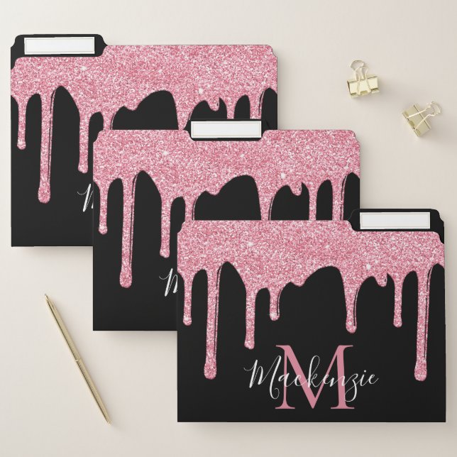 Black Pink Sparkle Glitter Drips Monogram File Folder (Set)