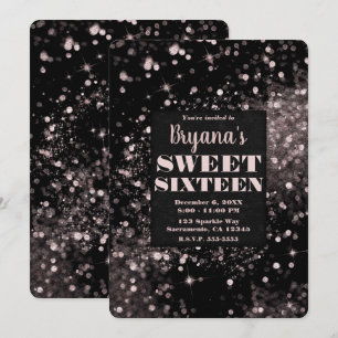 Black & Pink Sparkling Lights Glam Sweet 16 Party Invitation