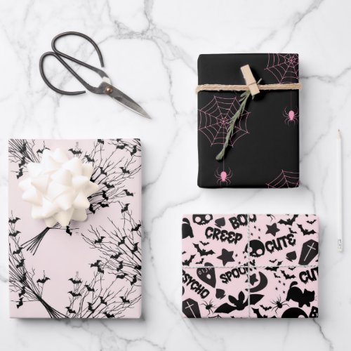 Black Pink Spider Bats Cool Cute Spooky Halloween Wrapping Paper Sheets