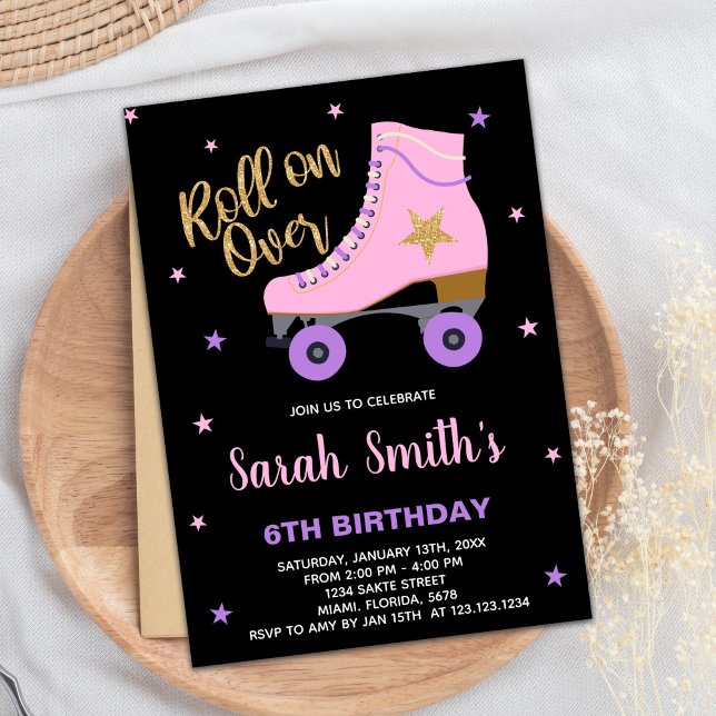 Black Pink Star Glitter Skating Birthday Invitation (Black Pink Star Glitter Skating Birthday Invitation)