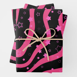 Black &Pink Stars On Lines Elegant Feminine Design Wrapping Paper Sheets