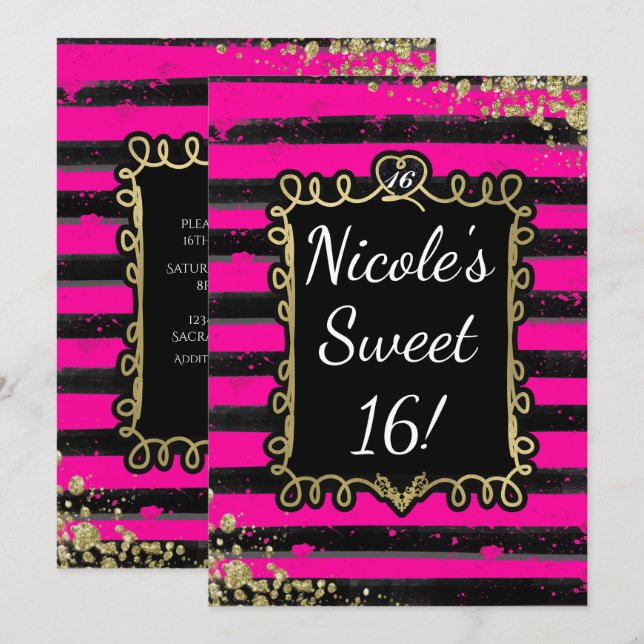 Black & Pink Stripes Gold Foil Party Invitations (Front/Back)