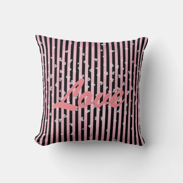 Black Pink Stripes White Hearts Love Throw Pillow (Front)