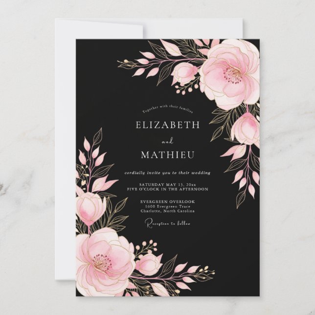 Black Pink Sultry Floral Wedding Invitation (Front)
