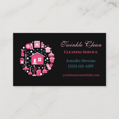 Black  Pink Supplies House Cleaning Service Business Card