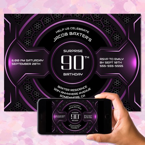 Black Pink Surprise 90th Birthday Party Invitation