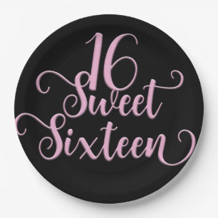 Black & Pink Sweet 16 Birthday Party Paper Plates